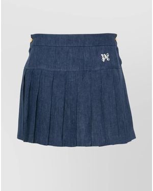 Palm Angels Linen Logo-Embroidered Pleated Miniskirt - Blue
