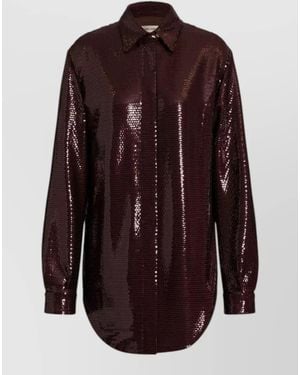 Alberta Ferretti Sequin Shirt Relaxed Fit Curved Hem Long Sleeves - Purple