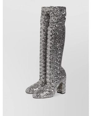 Dolce & Gabbana Sequin Knee Length Block Heel Boots - Gray