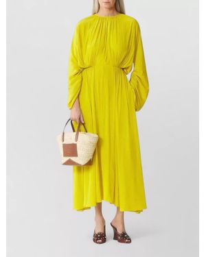 Lanvin Draped Gathered Long-Sleeve Crew-Neck Midi Dress - Yellow