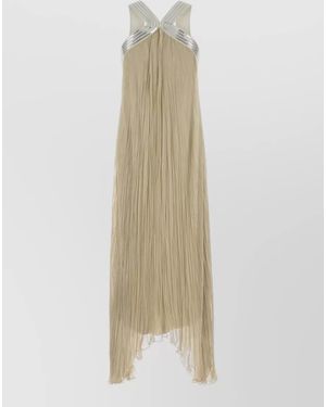Alberta Ferretti Silk Halter Neck Long Dress Metallic Pleated - White