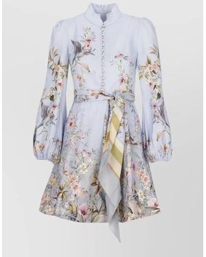 Zimmermann Linen Floral-Print Long-Sleeve Mini Dress - White