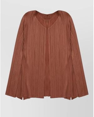 Pleats Please Issey Miyake Long Sleeve Top V Neck Pleated Design - Brown
