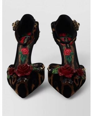 Dolce & Gabbana Leopard Print Heels Crystal Roses Pumps - Black