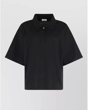 Saint Laurent Piqué Blend Polo Shirt Ribbed Collar Short Sleeves - Black