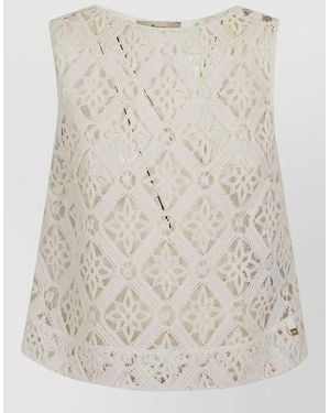 Herno Sleeveless Blouse Round Neck Lace Crochet - Natural