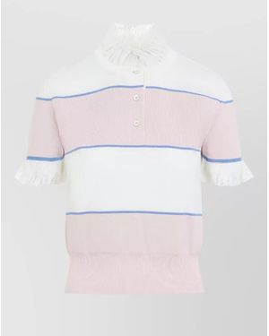 McQueen Feminine Striped Knit Top Ruffled Neck - Pink