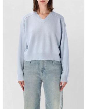 Loulou de Saison V Neck Cropped Top Long Sleeves Ribbed Hem - Blue