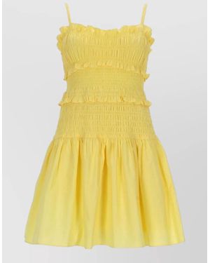 Michael Kors Dress Smocked Bodice Flared Skirt Straps - Yellow