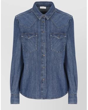 Peserico Denim Shirt Curved Hem Buttoned Chest Pockets - Blue