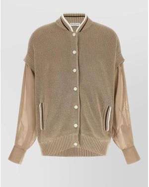 Brunello Cucinelli Organza Sleeve Knit Bomber Cardigan - Natural