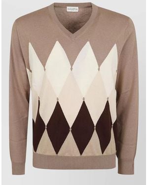 Ballantyne V Neck Sweater Argyle Pattern Ribbed Trims - Brown
