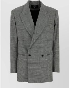 Balmain Wool Blend Blazer Check Buttons Lapels Shoulders - Gray