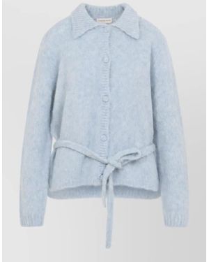 Dries Van Noten Alpaca Merino Wool Belted Ribbed Cardigan - Blue