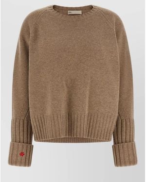 Tory Burch Wool Crew Neck Cropped Sweater Embroidered - Brown