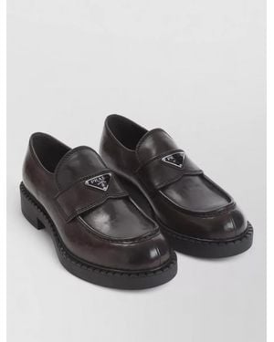 Prada Chocolate Brushed Leather Loafers Chunky Sole - Black
