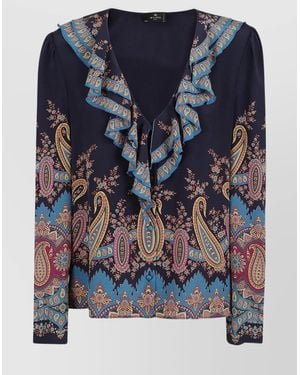 Etro Long Sleeve Ruffled Neck Paisley Top - Blue
