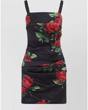 Dolce & Gabbana Rose Print Ruched Satin Mini Dress - Red