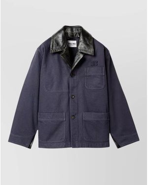 Miu Miu Coat Contrast Cuffs Front Pockets Leather Collar - Blue