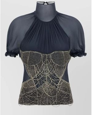 The Attico Silk Beaded High Neck Short Sleeve Blouse - Blue