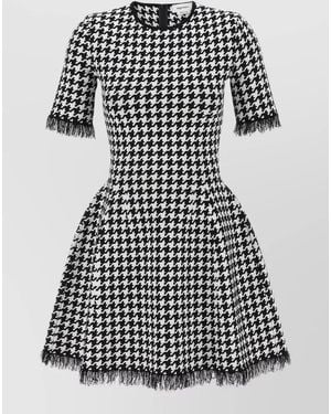 McQueen Short Sleeve Dress Houndstooth Fringe Detail - Black