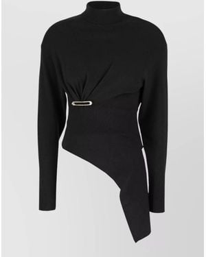 Lanvin Wool Blend Jumper Asymmetric Design Mock Neck - Black