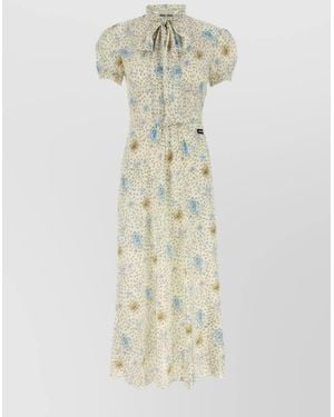 Miu Miu Silk Floral Print Tie Neck Belted Midi Dress - White