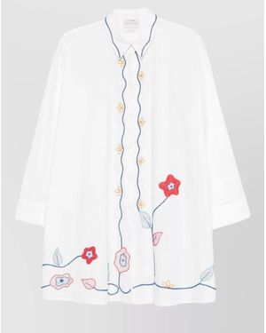 forte_forte Cotton Shirt Dress Tailored Collar Floral Embroidery - White