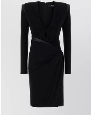 Versace Draped Long Sleeve Dress With Shoulder Pads - Black