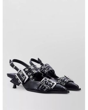 Ganni Buckle Slingback Sandals Kitten Heel Toe - Black