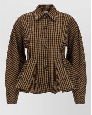 Ganni Checked Crinkled Peplum Shirt - Brown