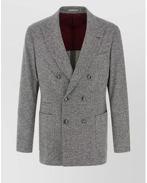 Brunello Cucinelli Tailored Double-Breasted Blazer Featuring Pockets - Gray