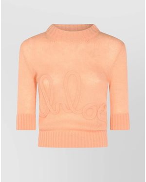 Chloé Alpaca Wool Silk Logo Knit Elbow-Sleeve Sweater - Gray