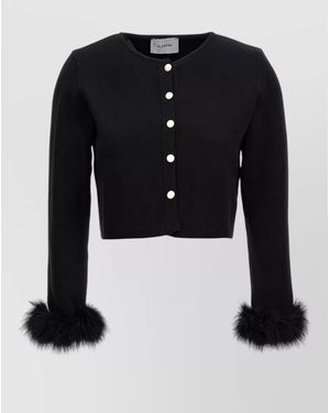 Sleeper Cropped Cardigan Round Neck Faux Fur Cuffs - Black