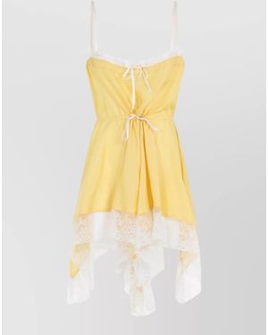 Saint Laurent Lace Mini Dress Asymmetrical Hem Bow Straps - Yellow