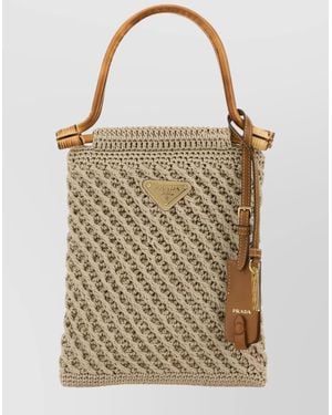 Prada Handbag With Braided Texture And Keychain - Natural