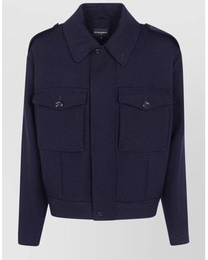 Emporio Armani Denim Collared Jacket Long Sleeves Casual - Blue