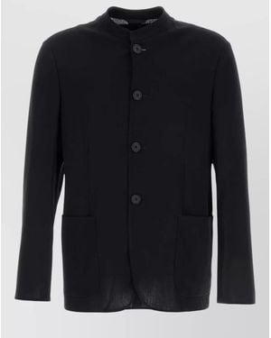 Giorgio Armani Wool Blazer Mandarin Collar Long Sleeves Pockets - Blue