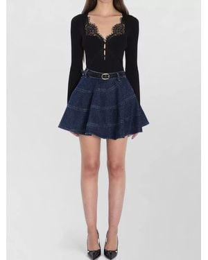 Self-Portrait Lace Knit Long Sleeve Top Neckline - Blue