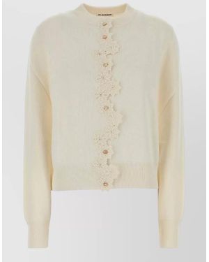 Jil Sander Stretch Viscose Cardigan Floral Applique Knit - Natural