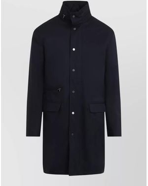 Kiton High Collar Long Coat Flap Pockets - Blue