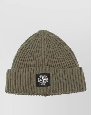 Stone Island Beanie Hat Ribbed Knit Turn Up Brim - Green