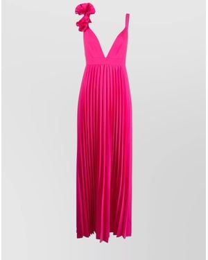 P.A.R.O.S.H. Pleated Floral Appliqué Sleeveless V-Neck Maxi Dress - Pink