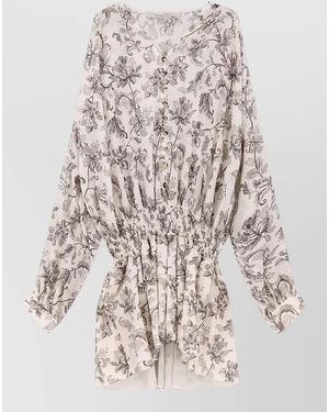 Golden Goose Floral-Print Cotton V-Neck Long-Sleeve Mini Dress - Natural