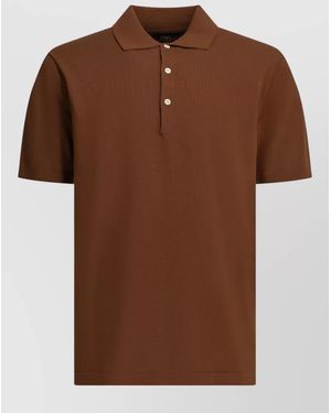 Beams Plus Cotton Polo Shirt Buttoned Front Collar - Brown