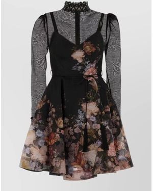 Zimmermann Silk Linen Floral-Print High-Neck Long-Sleeve Mini Dress - Black