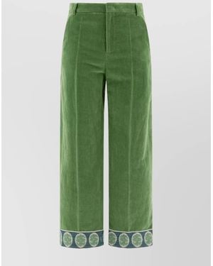 Valentino Velvet Trousers With Belt Loops And Embroidered Hem - Green