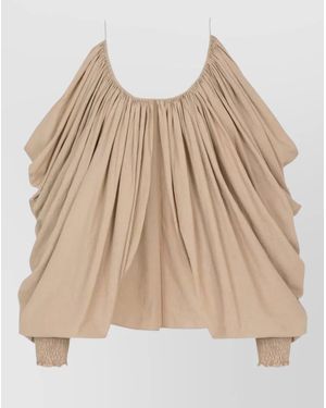 Balmain Off Shoulder Draped Top Long Sleeves - Natural
