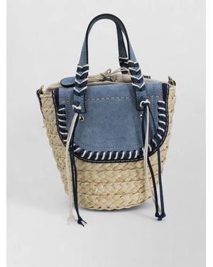 CUBA LAB Leather Bucket Bag Braided Handle Scarf - Blue
