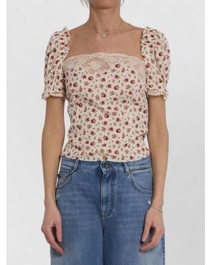 Dolce & Gabbana Charmeuse Top Rose Print Straight Neckline - Blue